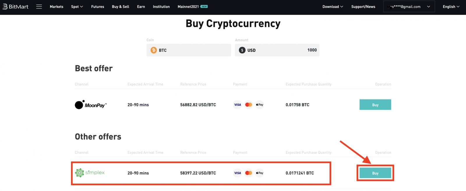 Kaip nusipirkti monetų naudojant „Simplex“ „BitMart“.