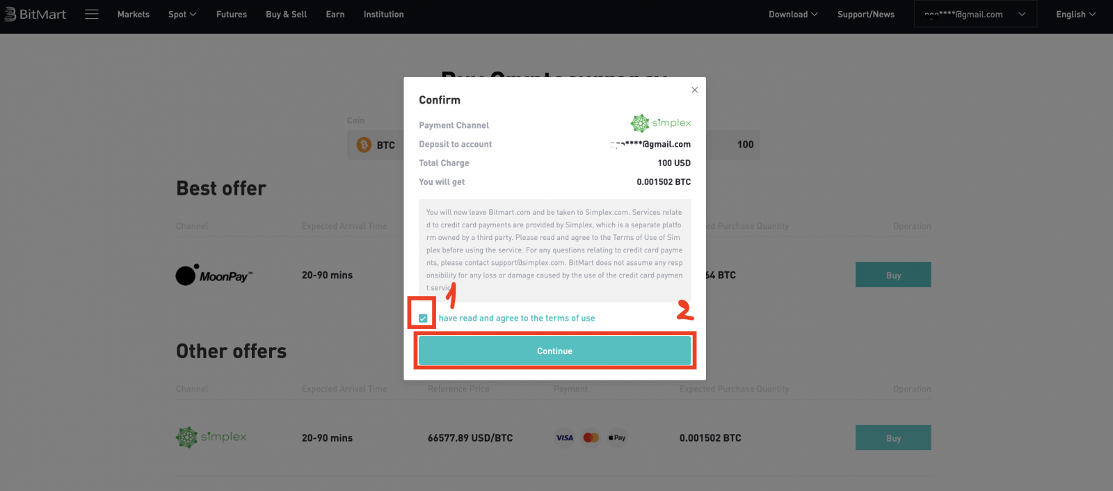 Kaip nusipirkti monetų naudojant „Simplex“ „BitMart“.