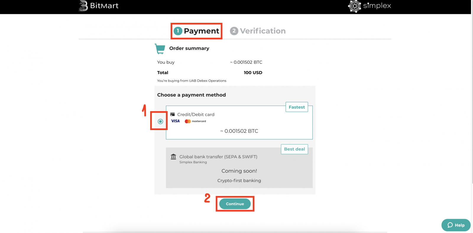 Kaip nusipirkti monetų naudojant „Simplex“ „BitMart“.