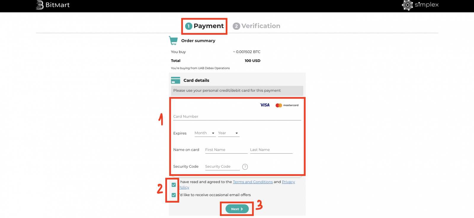 Kaip nusipirkti monetų naudojant „Simplex“ „BitMart“.