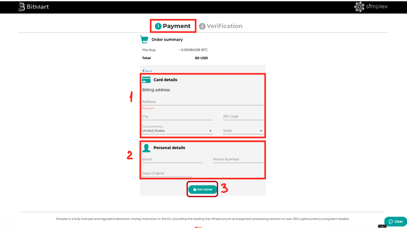 Kaip nusipirkti monetų naudojant „Simplex“ „BitMart“.