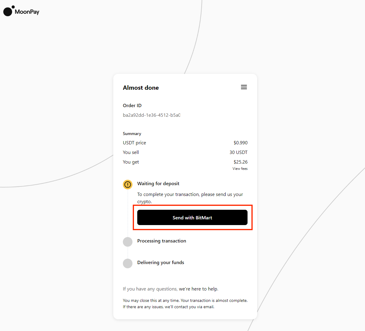 How To Sell Coins With MoonPay in BitMart