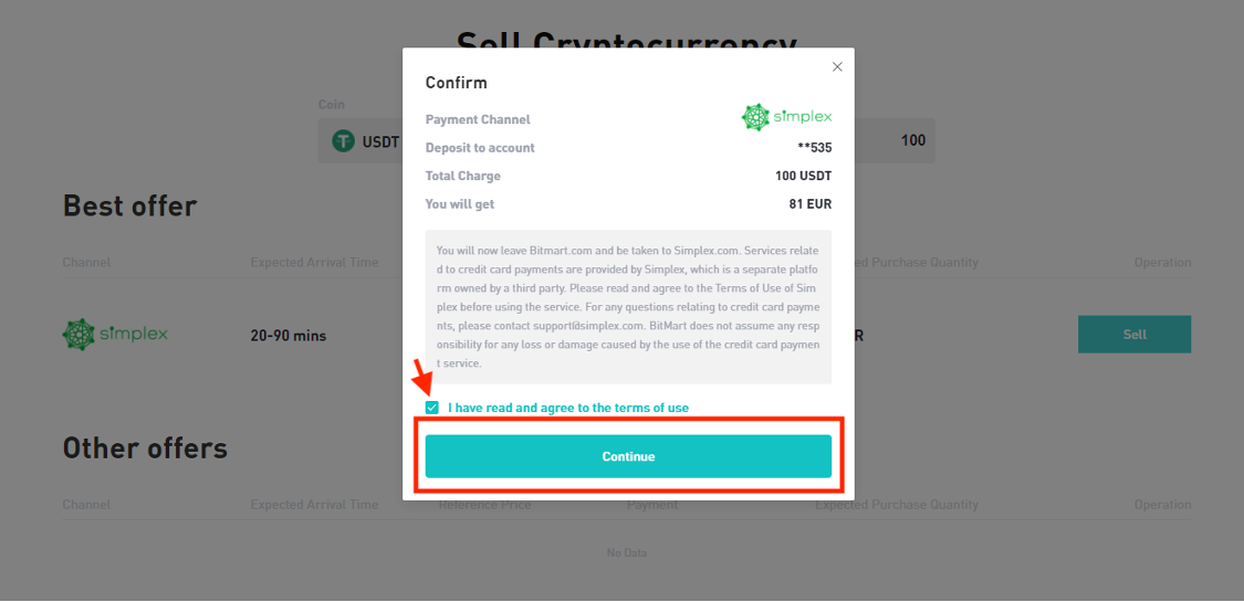 Як продавати монети за допомогою Simplex у BitMart