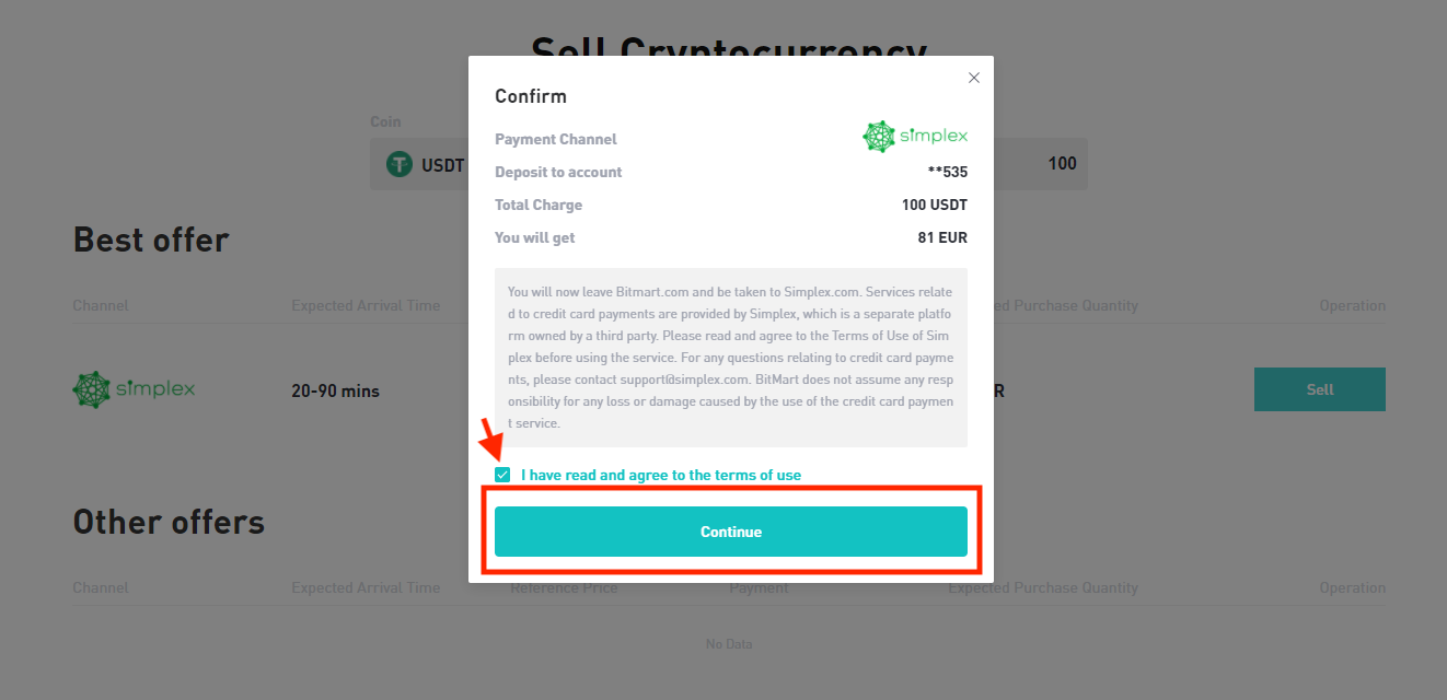 Як продавати монети за допомогою Simplex у BitMart